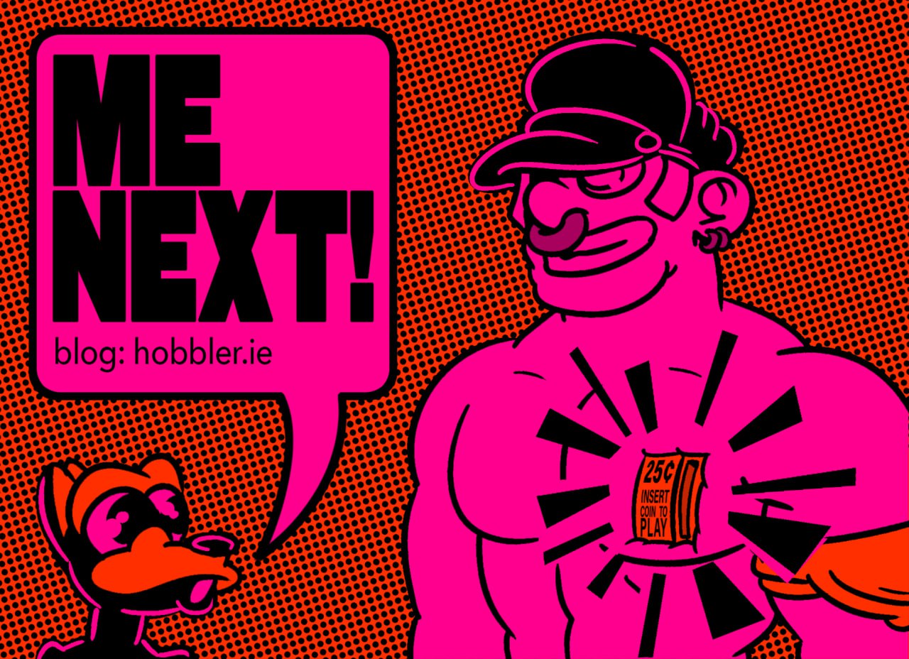 Space Pup silver illustration depicting a pup shouting "ME NEXT!" while looking eagerly at a muscled dom, with a coin slot on his pec inscribed "25c, Insert Coin to Play".